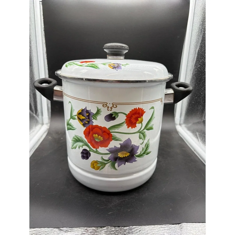 Vintage GMI Enamelware Stock Pot with Lid Floral Poppy‎ White Enamel Soup Pot